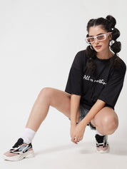 Kotty Women Black Typography Printed V-Neck Oversized T-shirt