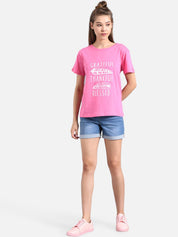 Kotty Women Pink & White Printed Round Neck T-shirt