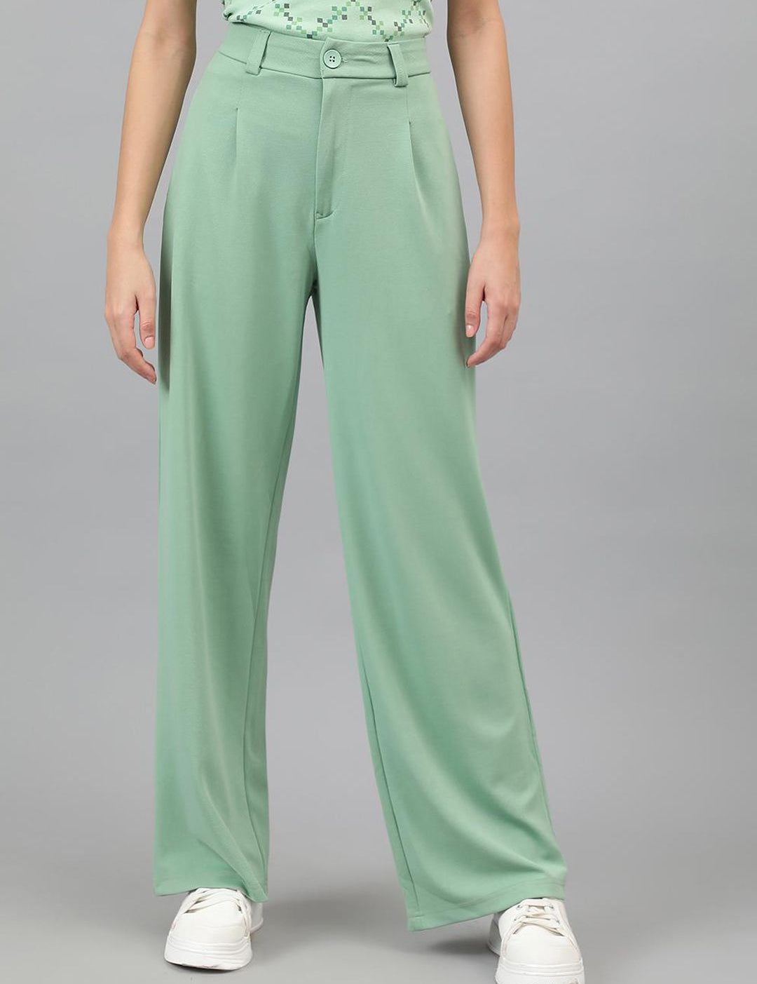 KOTTY BIZwear Women Light green Relaxed Straight Leg High-Rise Easy Wash Pleated Trousers
