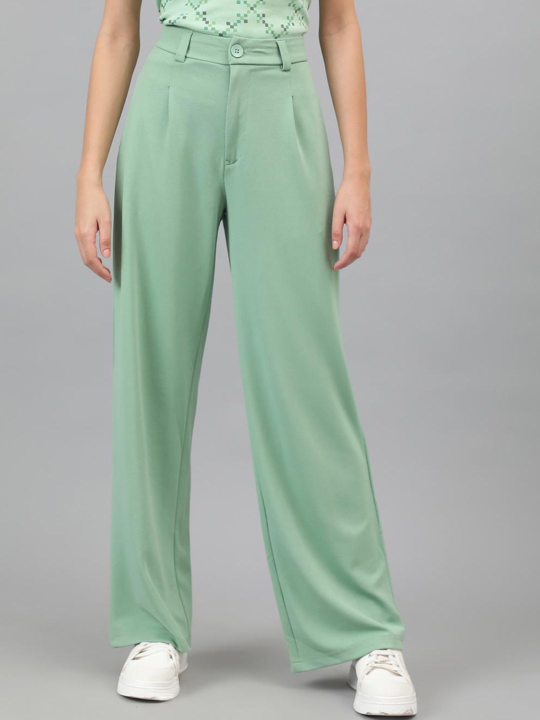 KOTTY BIZwear Women Light green Relaxed Straight Leg High-Rise Easy Wash Pleated Trousers