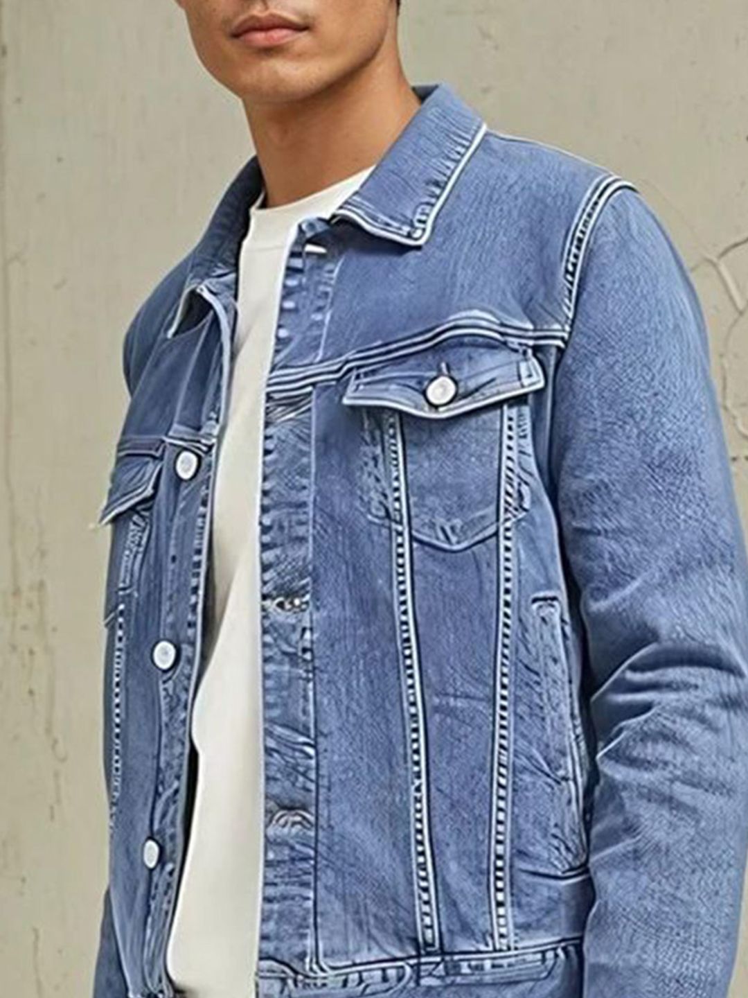 Kotty Men Spread Collar Washed Solid Denim Jacket