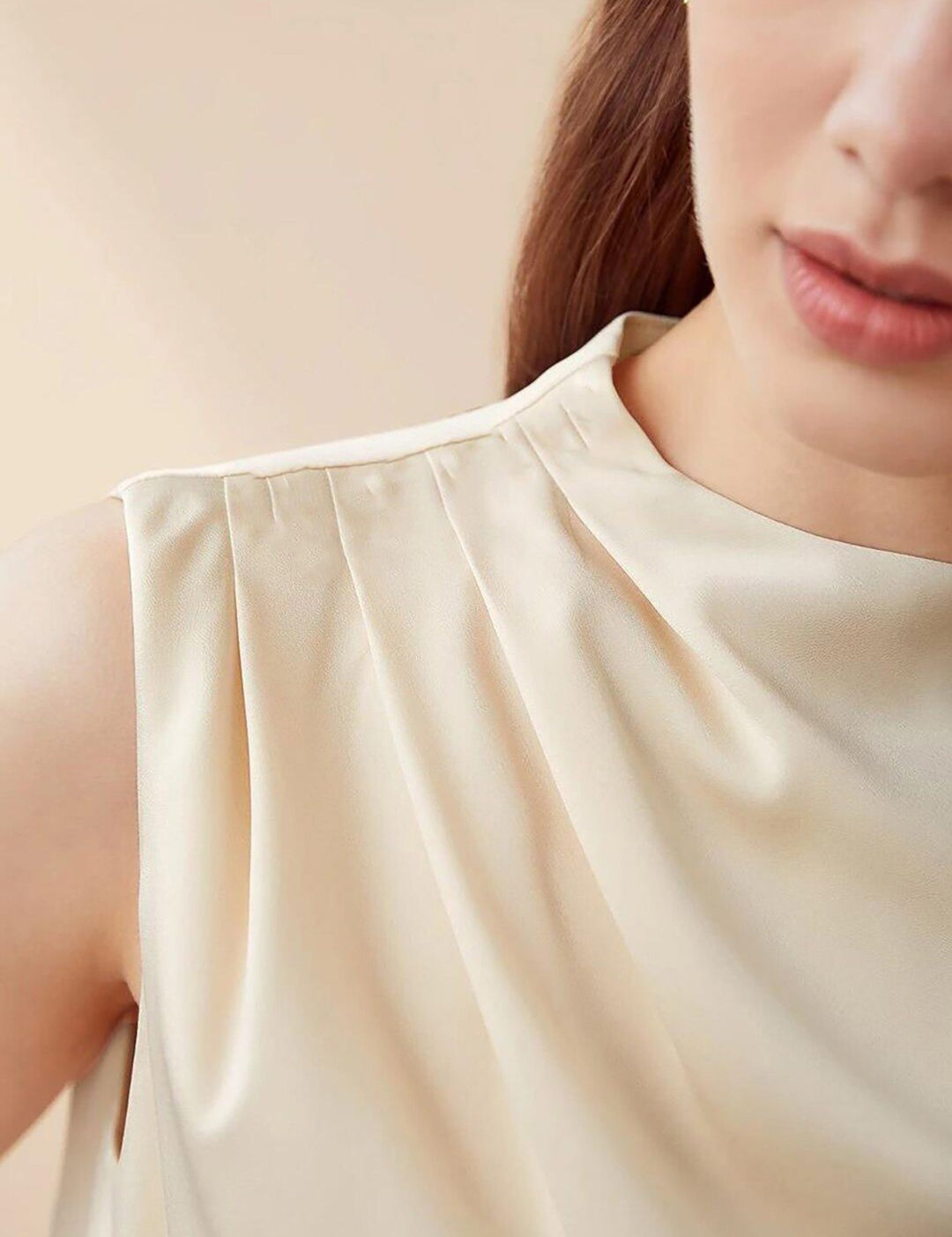 Kotty Beige High Neck Sleeveless Pleated Detail Satin Top
