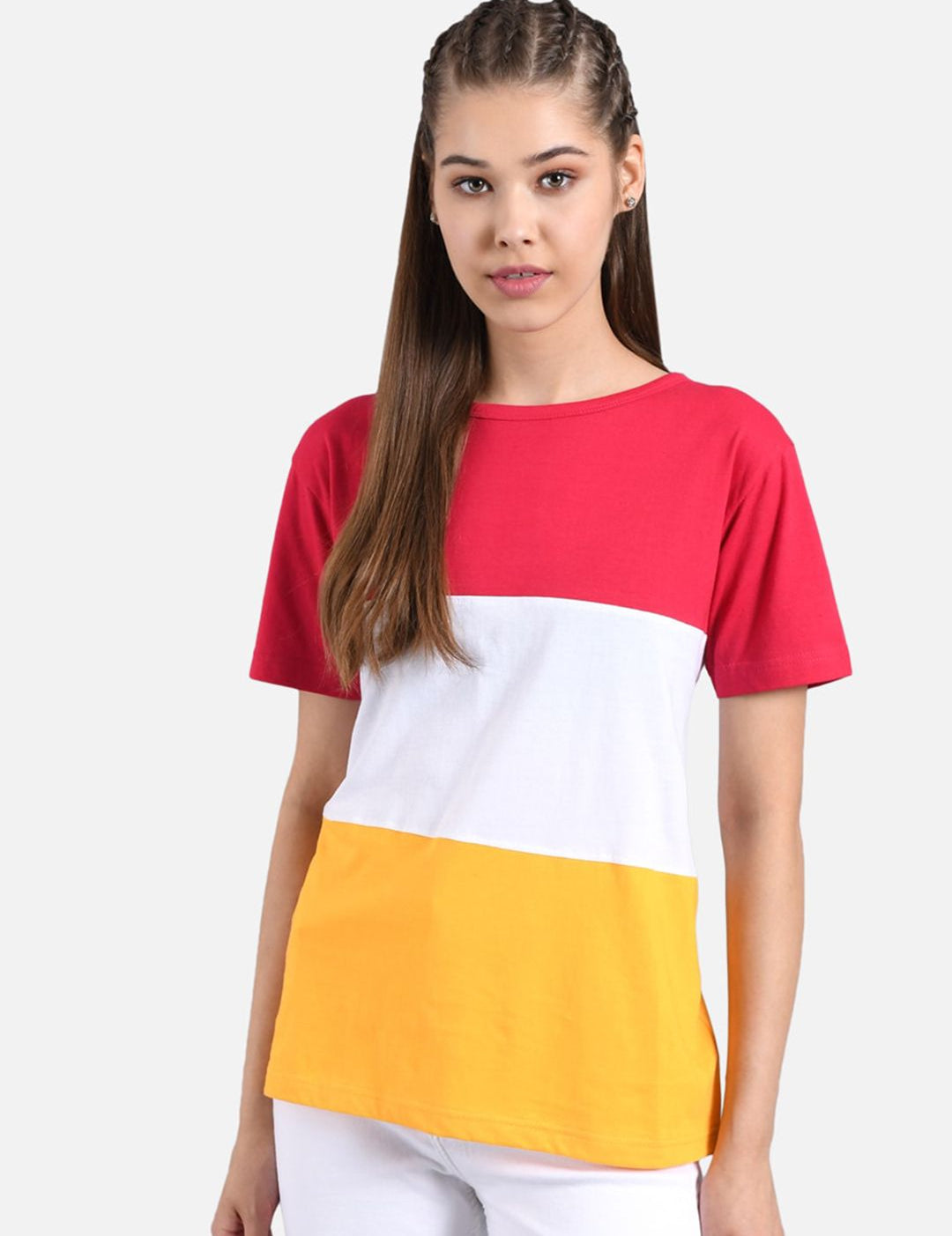 Kotty Women Pink & Yellow Colourblocked Round Neck T-shirt