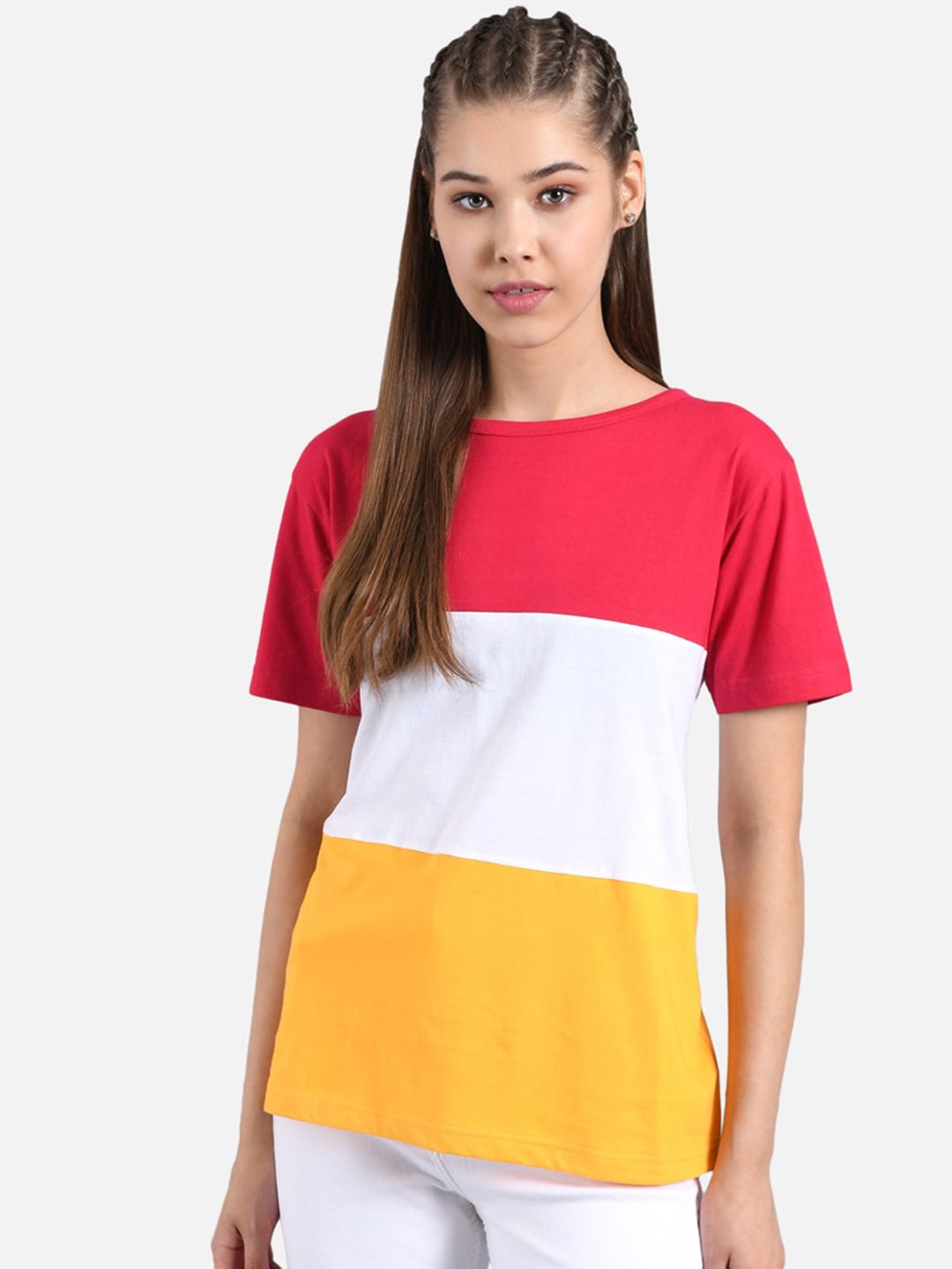 Kotty Women Pink & Yellow Colourblocked Round Neck T-shirt