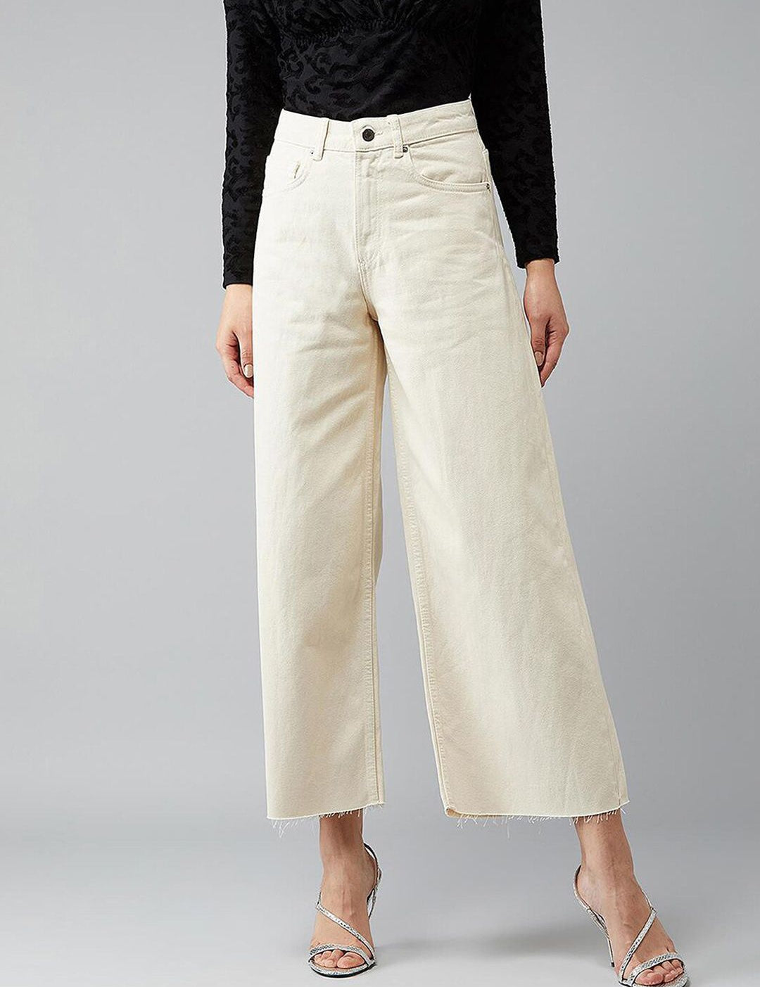 Kotty Women Cream-Coloured Jean Flared High-Rise Stretchable Jeans