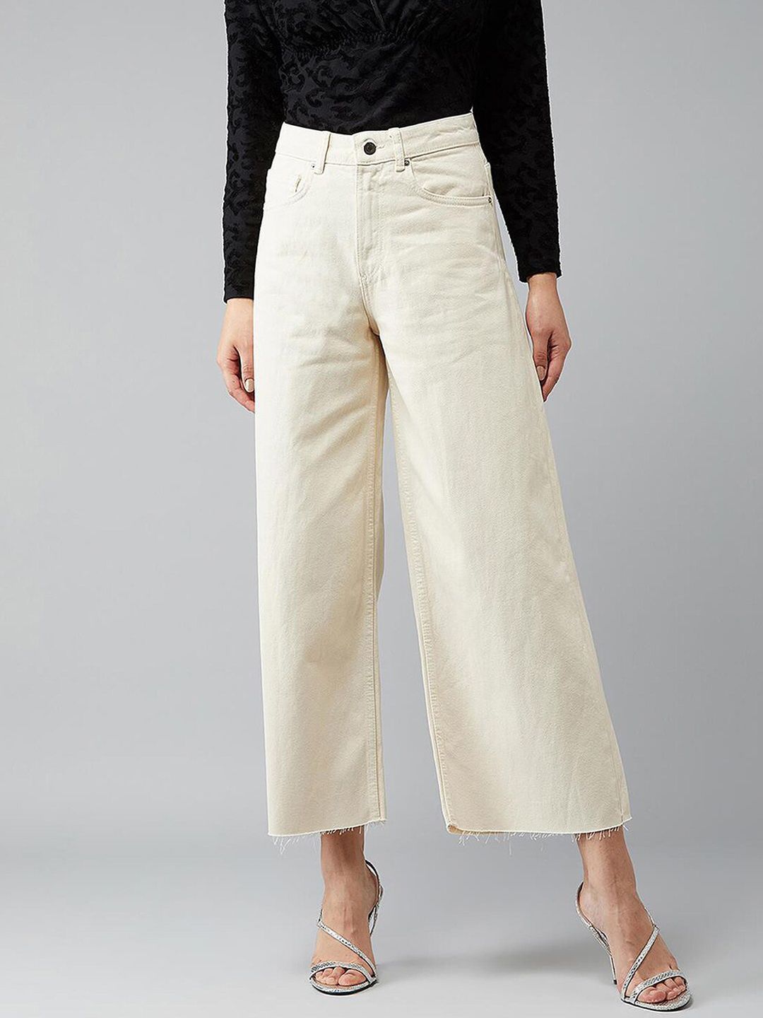 Kotty Women Cream-Coloured Jean Flared High-Rise Stretchable Jeans