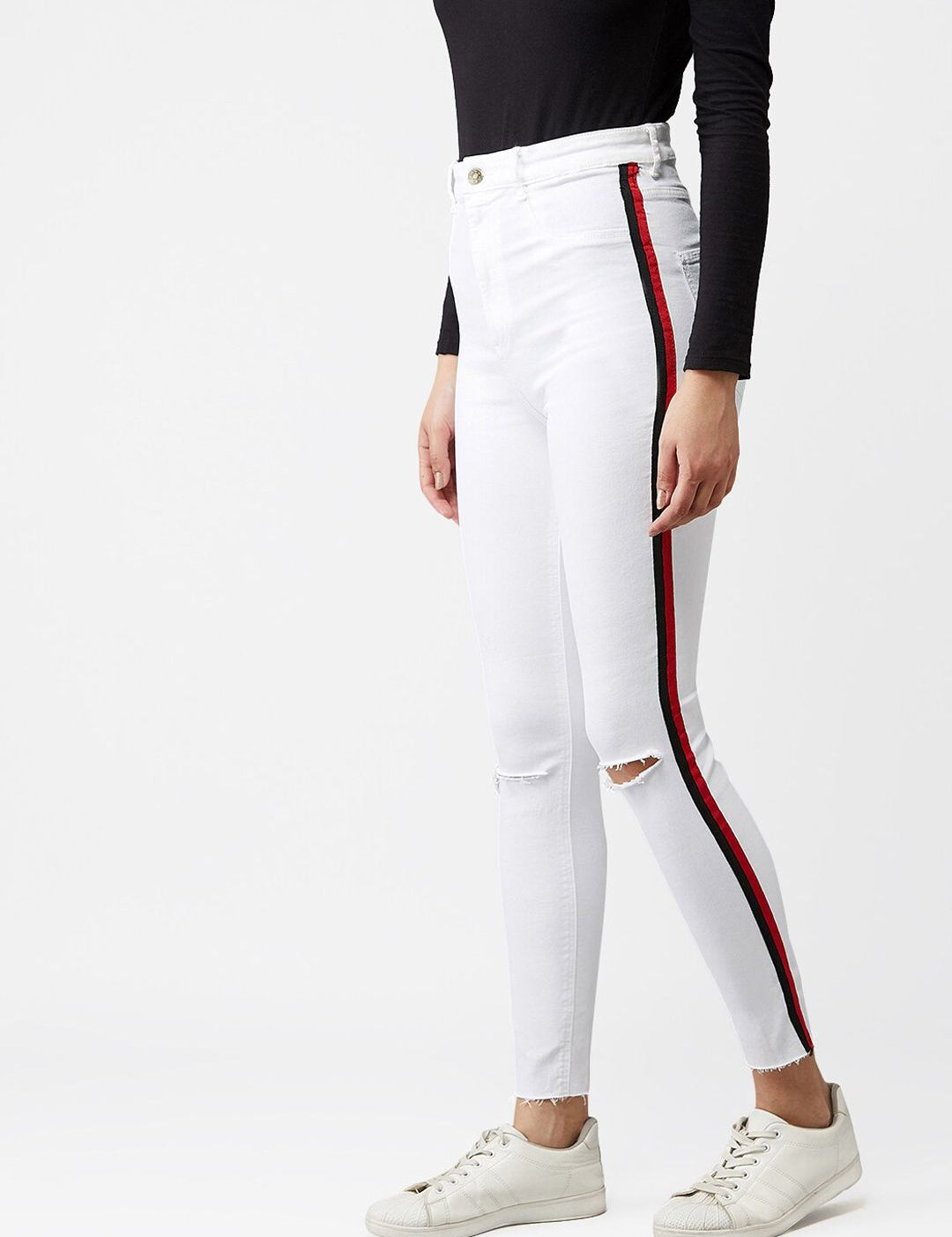Kotty Women White Skinny Fit High-Rise Slash Knee Jeans With Side Stripes
