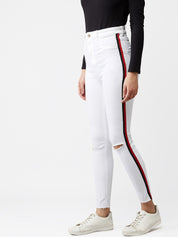 Kotty Women White Skinny Fit High-Rise Slash Knee Jeans With Side Stripes