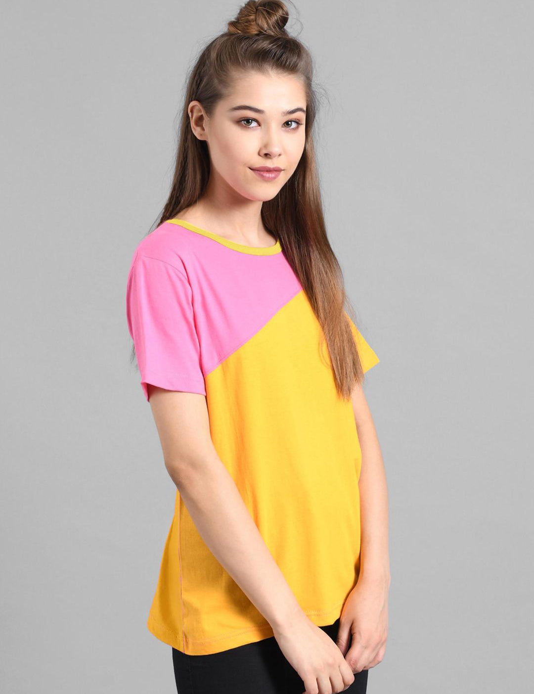 Kotty Women Yellow & Pink Colourblocked T-shirt