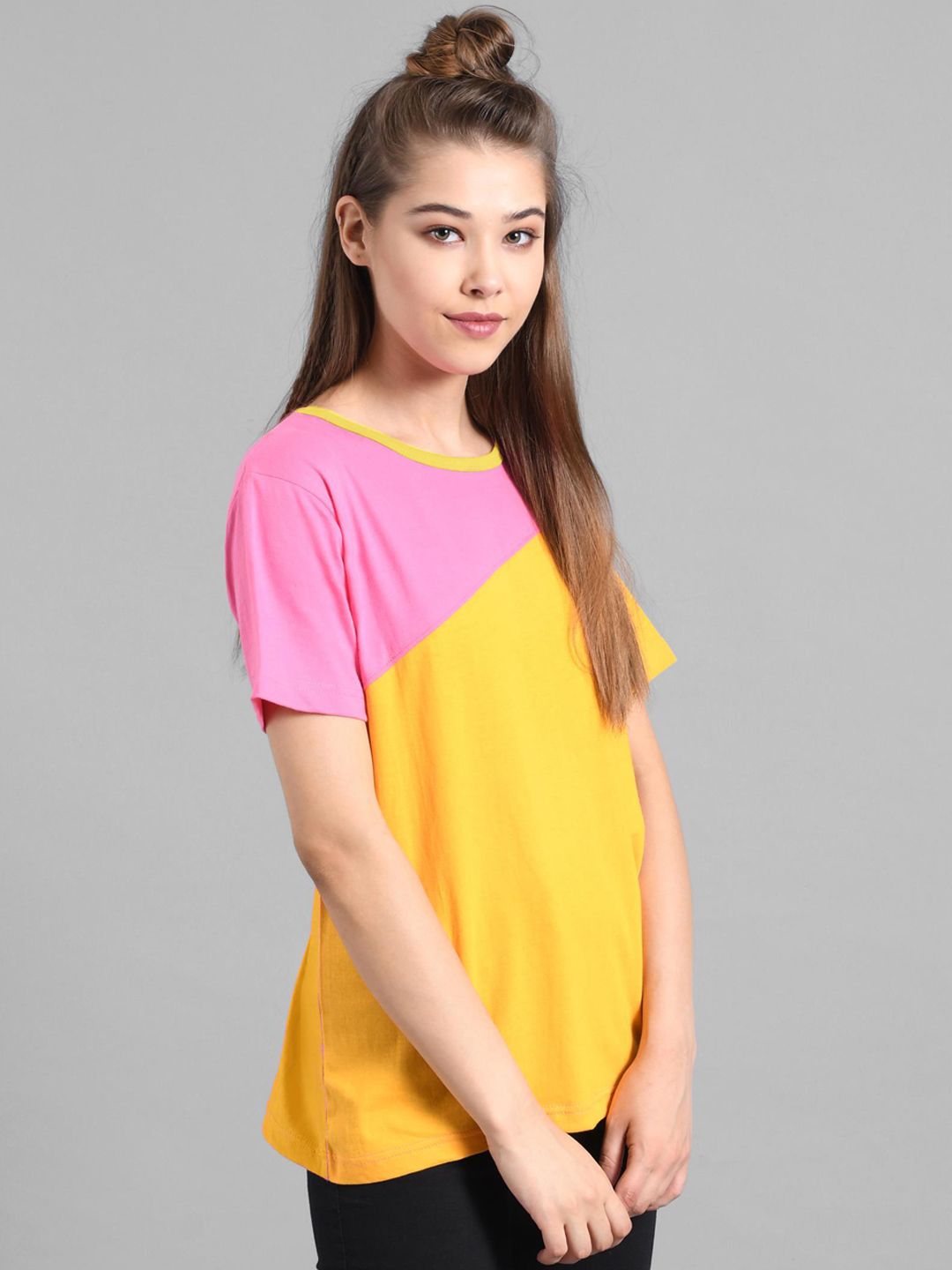 Kotty Women Yellow & Pink Colourblocked T-shirt