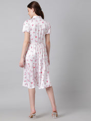 Kotty White & Pink Floral Printed Puffed Sleeves Tiered Satin Shirt Style Midi Dress