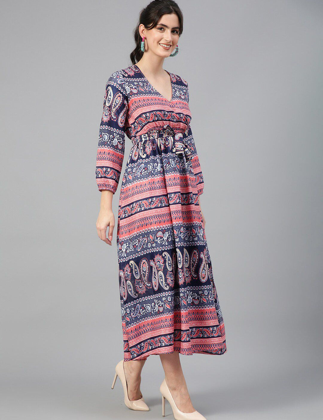 Kotty Ethnic Motifs Printed Puff Sleeves Fit & Flare Maxi Dress