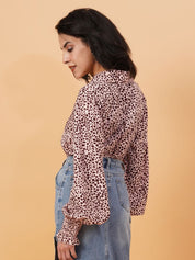 Kotty Pink & Brown Animal Printed Spread Collar Puff Sleeves Crepe Casual Shirt