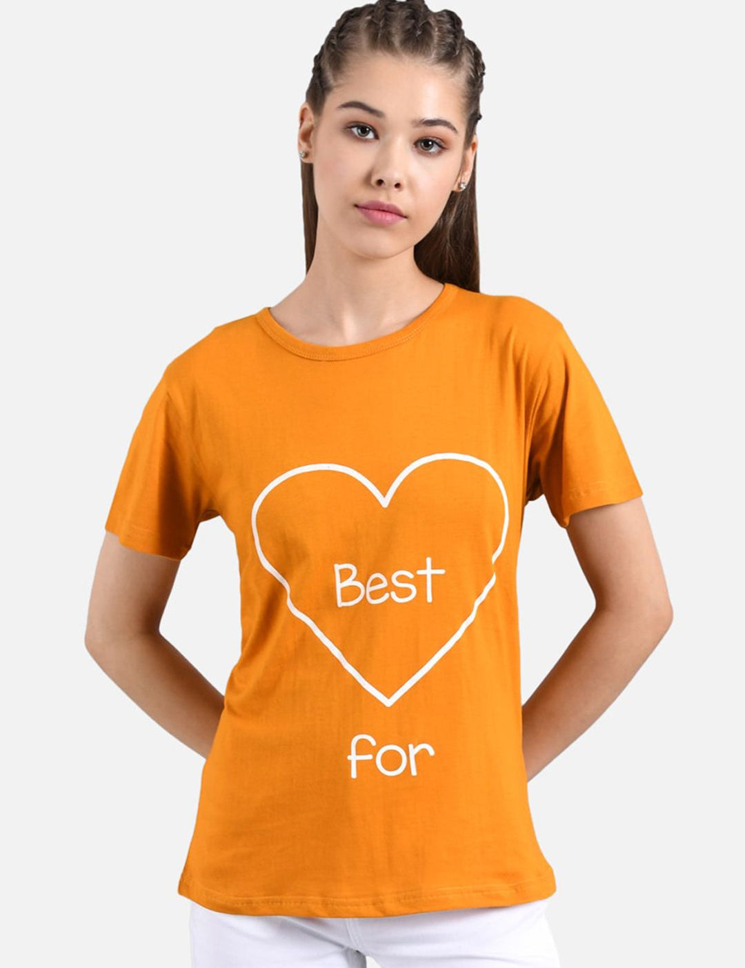 Kotty Orange & White Graphic Printed Round Neck Regular Fit Cotton Casual T-Shirt
