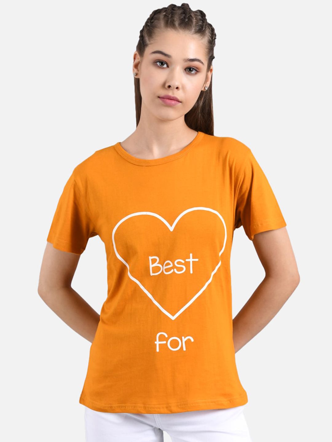 Kotty Orange & White Graphic Printed Round Neck Regular Fit Cotton Casual T-Shirt