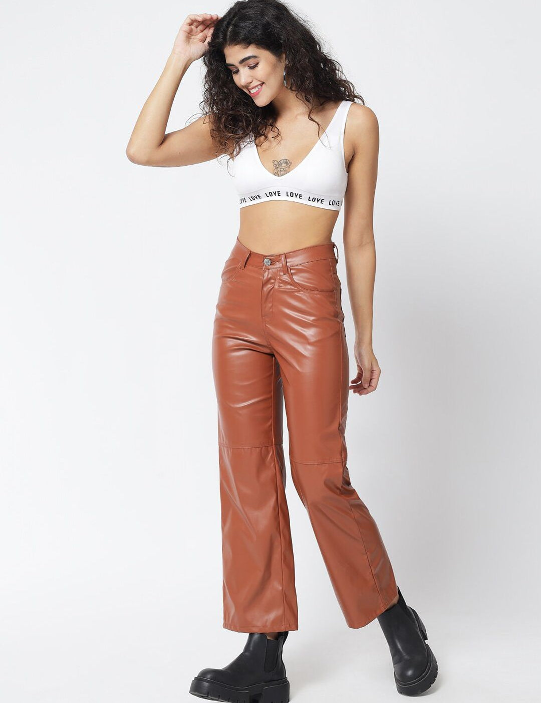 Kotty Women Brown Solid Relaxed Straight Fit Leather Trousers