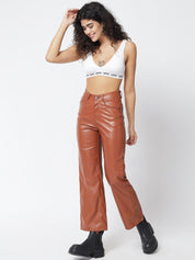 Kotty Women Brown Solid Relaxed Straight Fit Leather Trousers