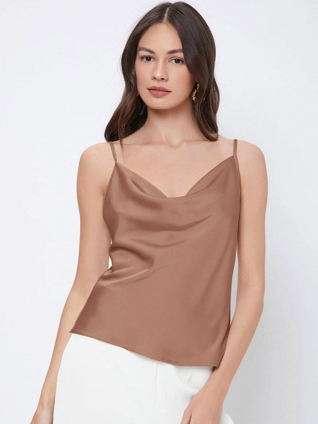 Kotty Brown Cowl Neck Satin Top