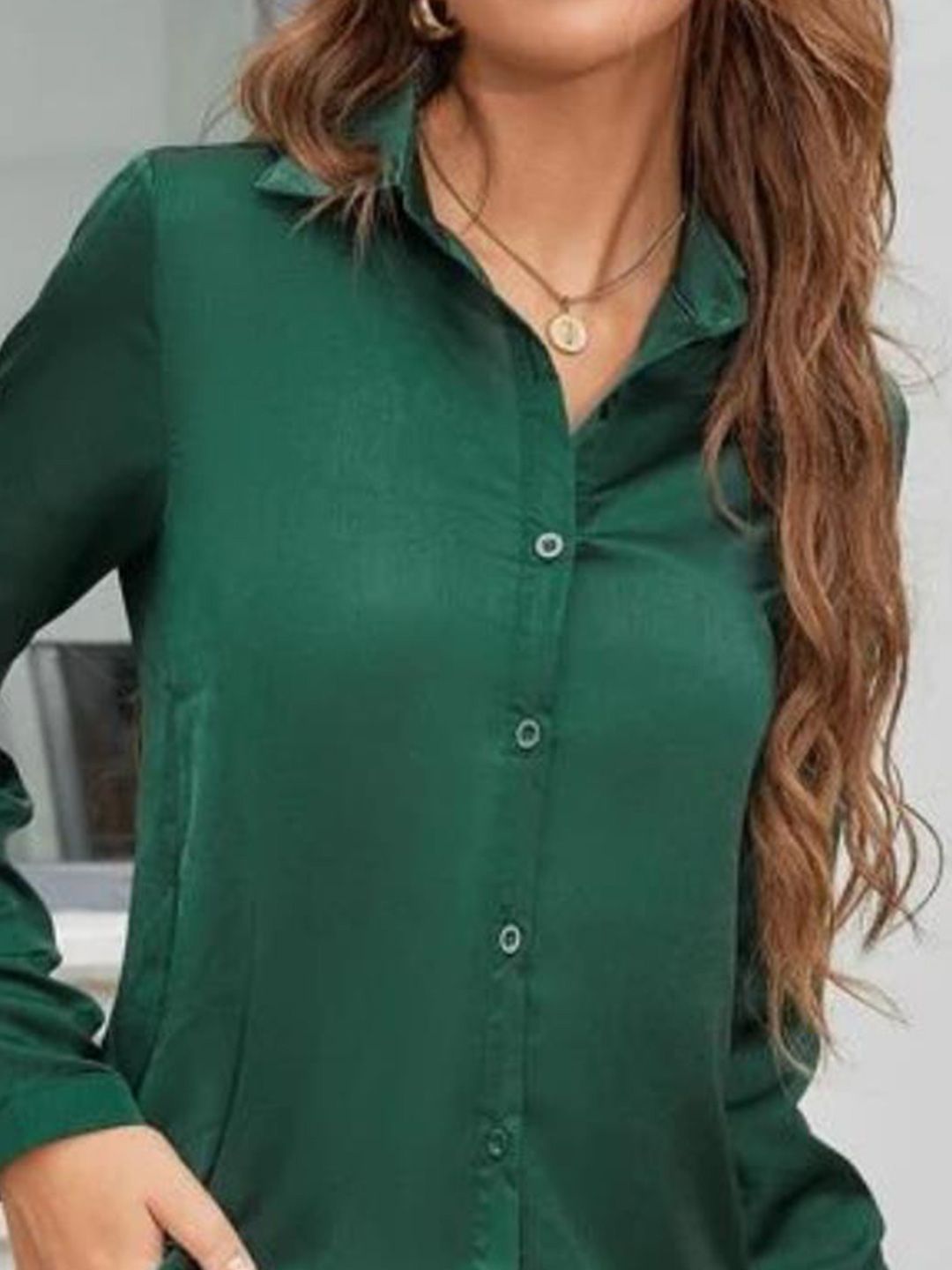 KOTTY BIZwear Green Modern Spread Collar Satin Casual Shirt