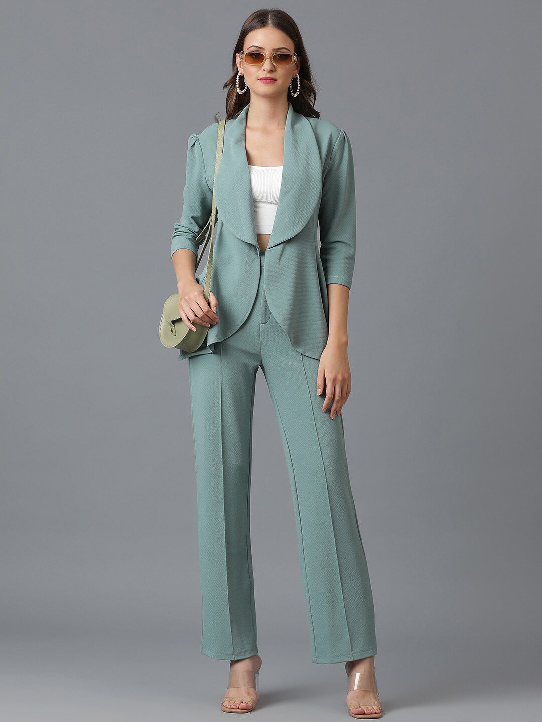 KOTTY BIZwear Sea Green Shawl Neck Coat With Trousers