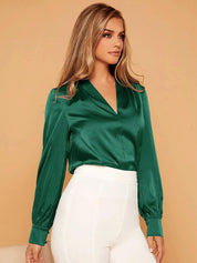 KOTTY BIZwear Green V-Neck Cuffed Sleeves Satin Top