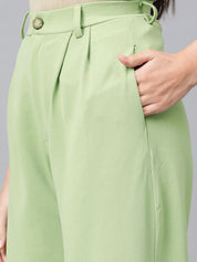 Kotty Women Green High-Rise Easy Wash Pleated Parallel Trousers