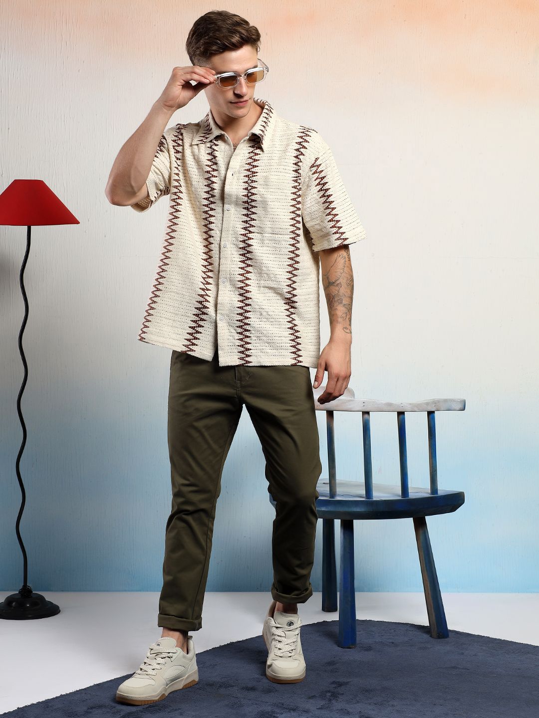 Kotty Men Geometric Self Design Cotton Sheer Casual Shirt