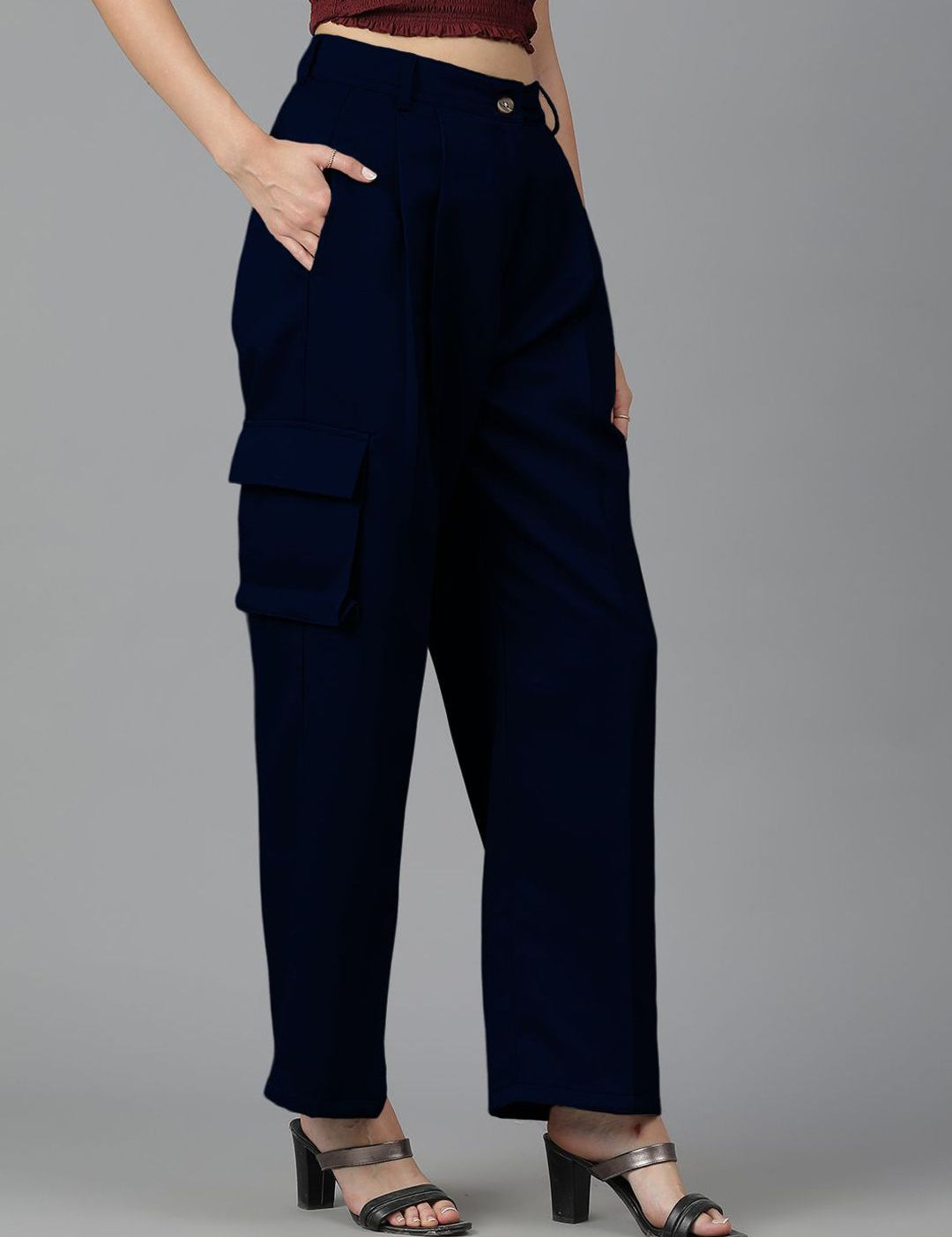 Kotty Women Straight Fit High-Rise Easy Wash Cargos Trousers