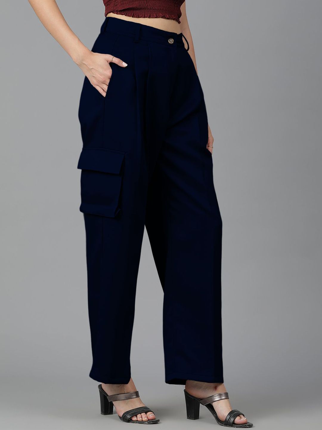 Kotty Women Straight Fit High-Rise Easy Wash Cargos Trousers