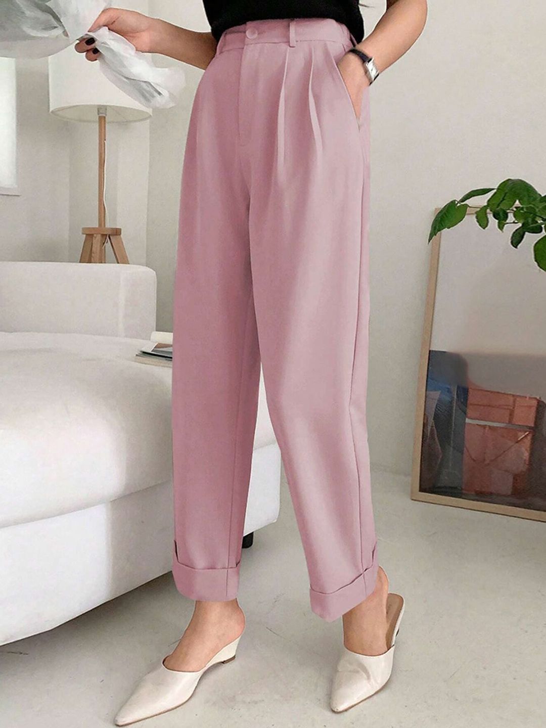 Kotty Women Pink Relaxed Straight Leg Straight Fit High-Rise Pleated Trousers