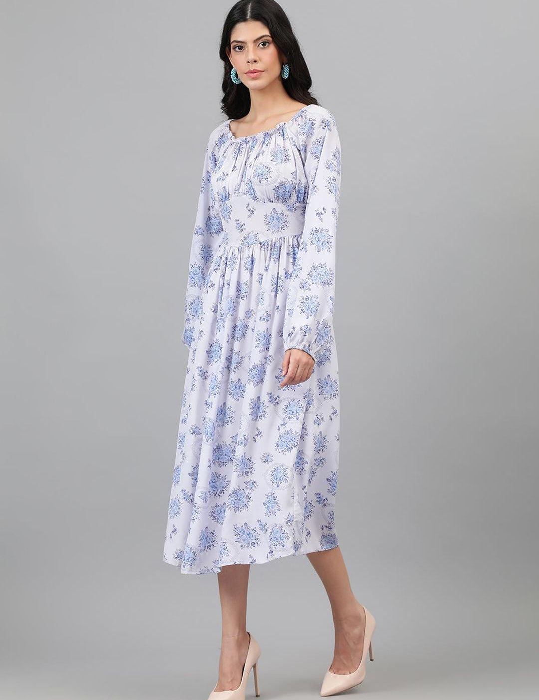 Kotty White And Blue Floral Printed Puff Sleeves Fit & Flare Midi Dress