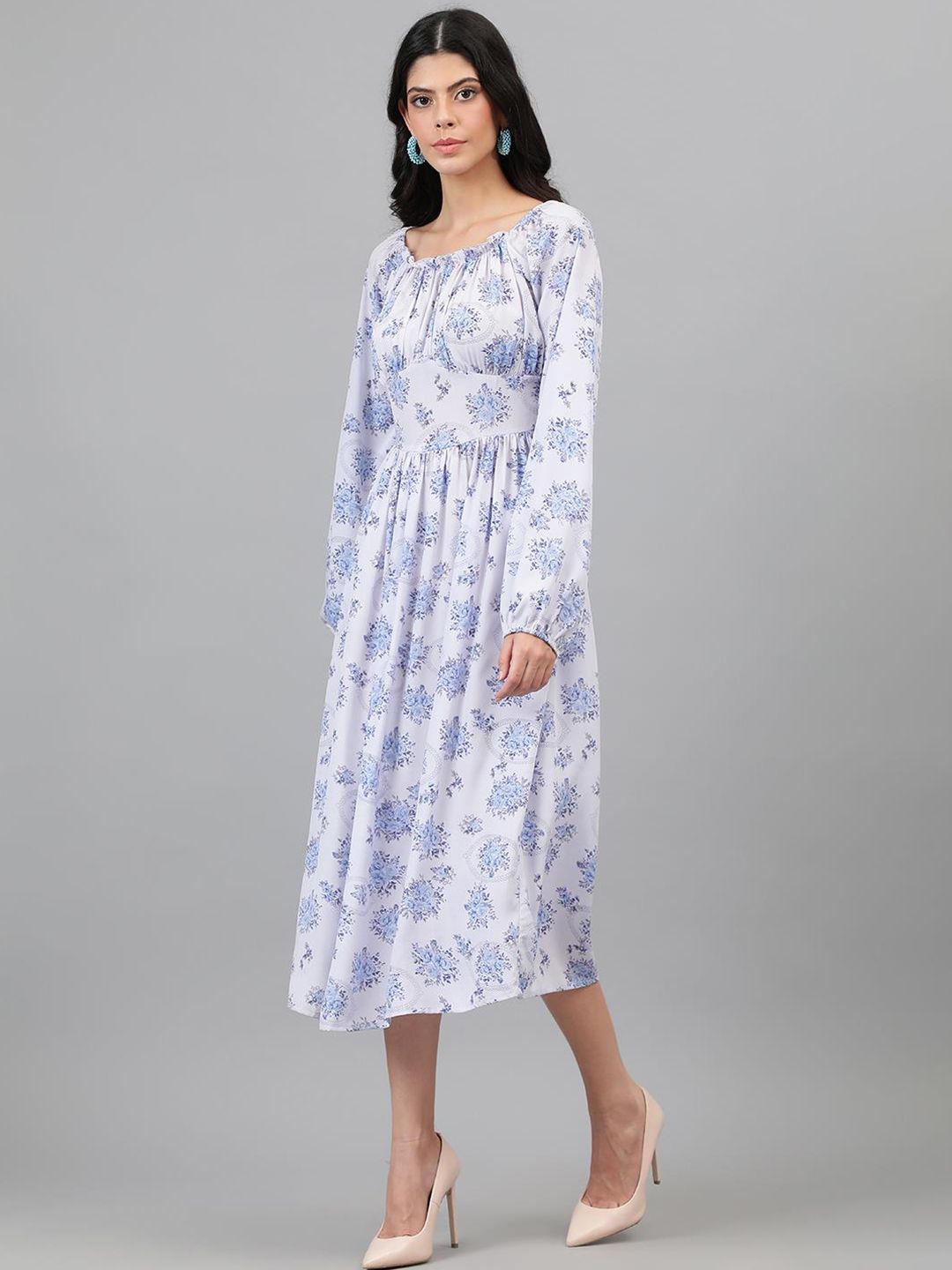 Kotty White And Blue Floral Printed Puff Sleeves Fit & Flare Midi Dress