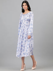 Kotty White And Blue Floral Printed Puff Sleeves Fit & Flare Midi Dress