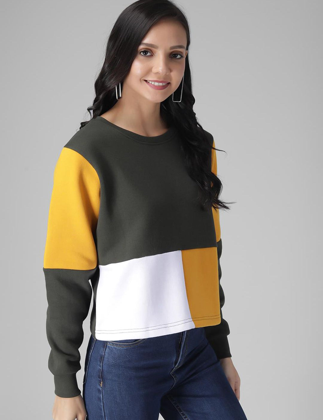 Kotty Women Olive Green & Yellow Colourblocked Sweatshirt