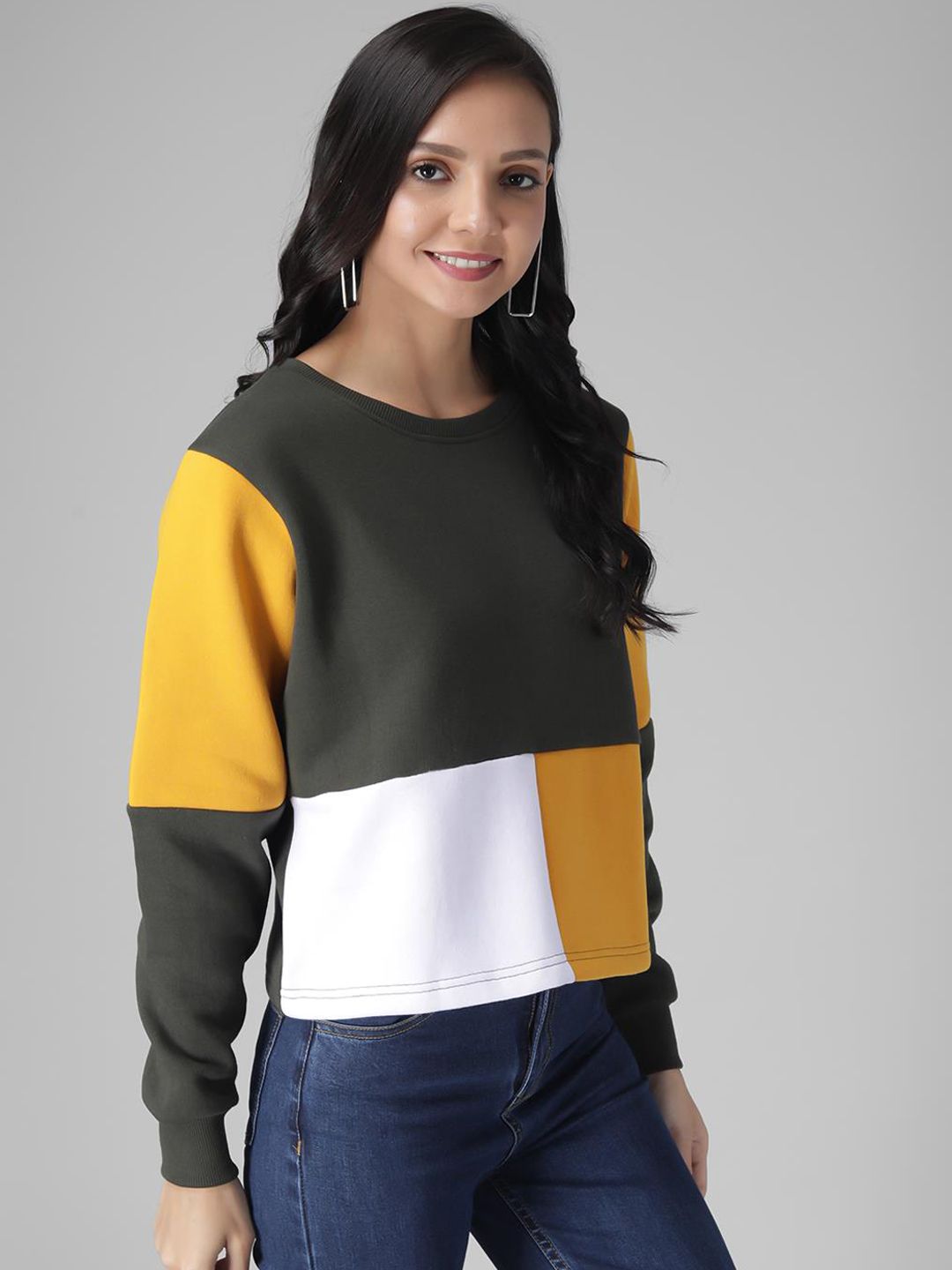 Kotty Women Olive Green & Yellow Colourblocked Sweatshirt