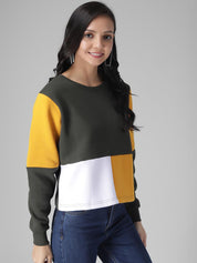 Kotty Women Olive Green & Yellow Colourblocked Sweatshirt