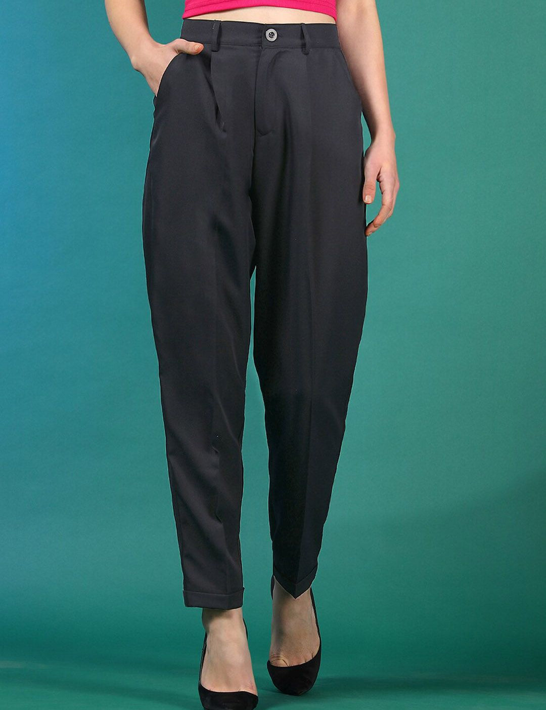 Stylecast X KOTTY BIZwear Women Black Relaxed Slim Fit High-Rise Easy Wash Peg Trousers