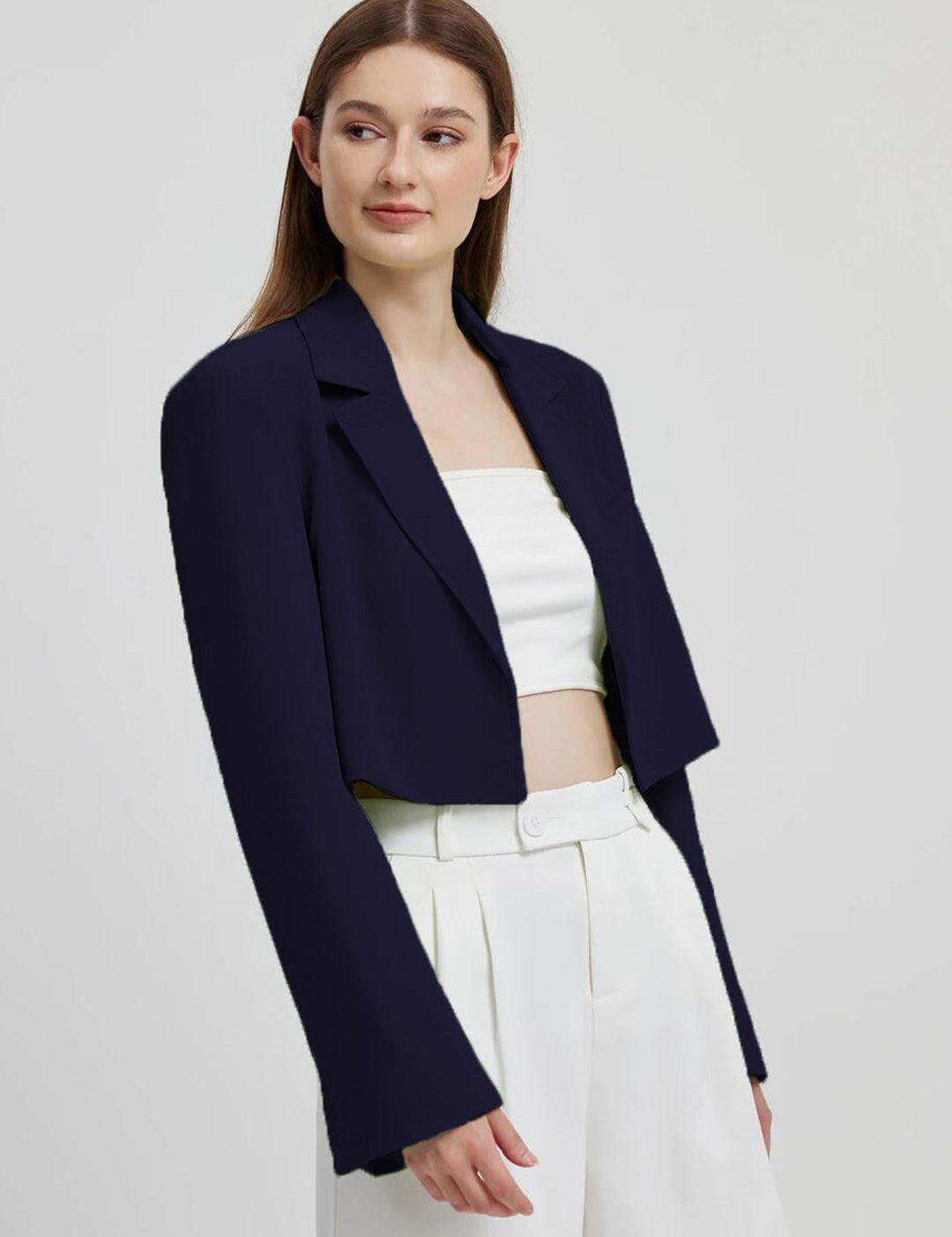 Kotty Navy Blue Crop Notched Lapel Collar Regular Fit Blazer