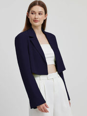 Kotty Navy Blue Crop Notched Lapel Collar Regular Fit Blazer