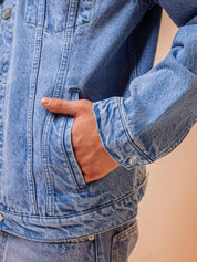 Kotty Blue Spread Collar Washed Denim Jacket