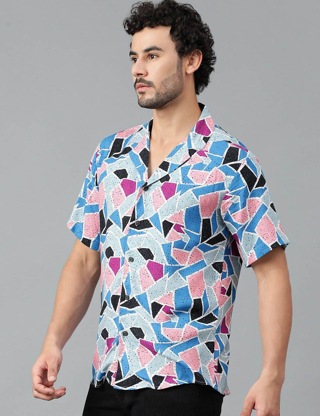 Kotty Men Cuban Collar Abstract Printed Casual Shirt