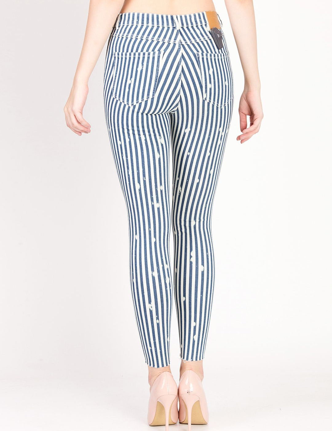 Kotty Women Blue and White Striped Skinny Fit High-Rise Distress Jeans