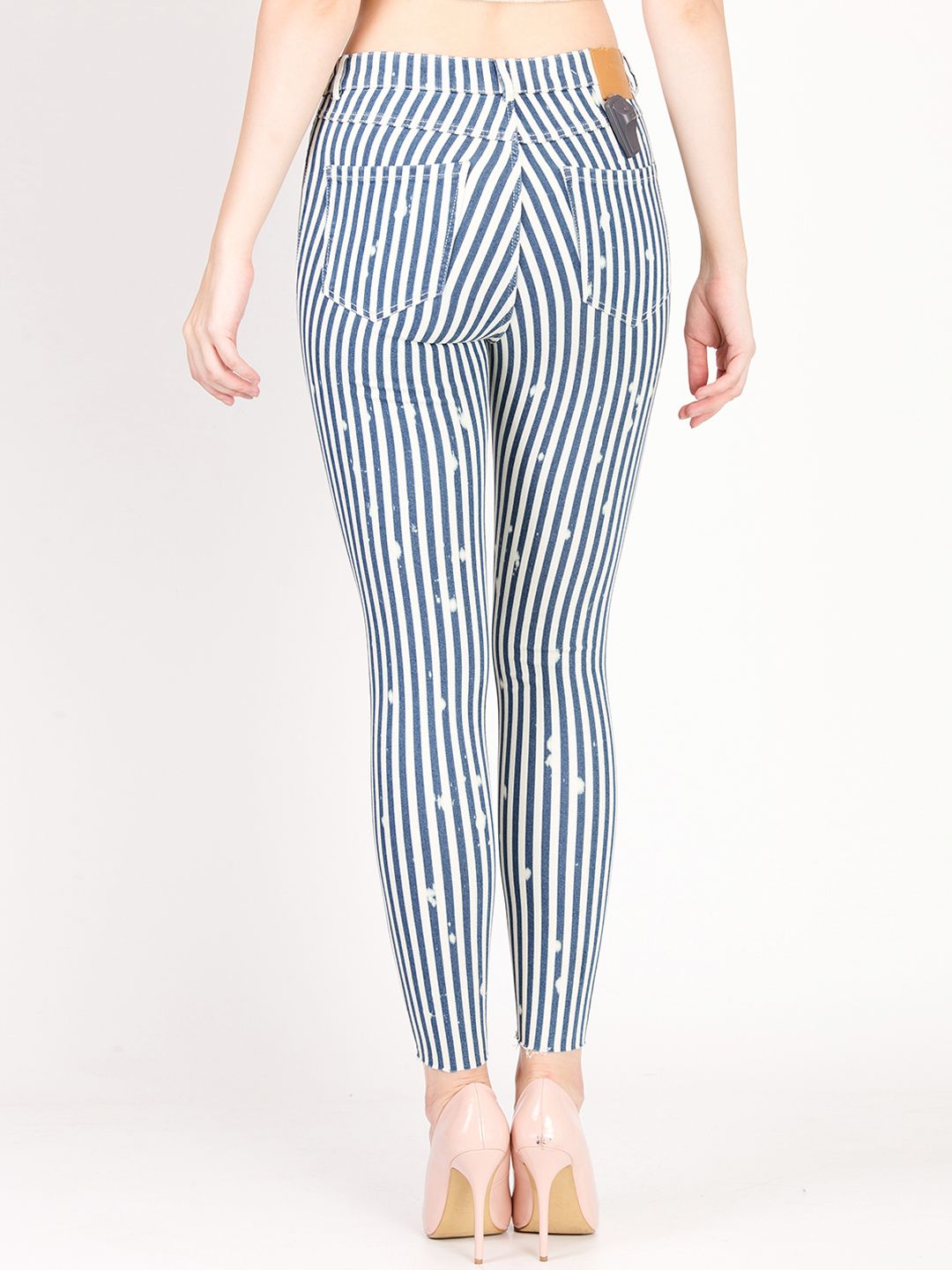 Kotty Women Blue and White Striped Skinny Fit High-Rise Distress Jeans