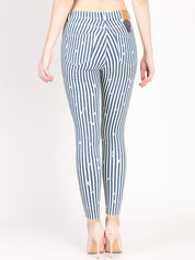 Kotty Women Blue and White Striped Skinny Fit High-Rise Distress Jeans