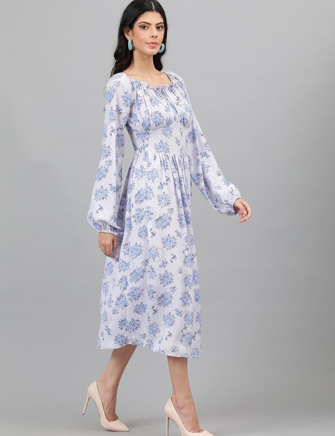 Kotty White And Blue Floral Printed Puff Sleeves Fit & Flare Midi Dress