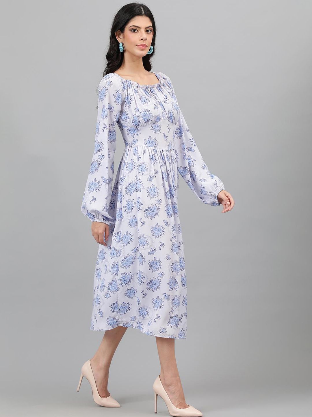 Kotty White And Blue Floral Printed Puff Sleeves Fit & Flare Midi Dress