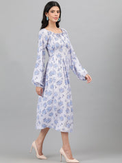 Kotty White And Blue Floral Printed Puff Sleeves Fit & Flare Midi Dress