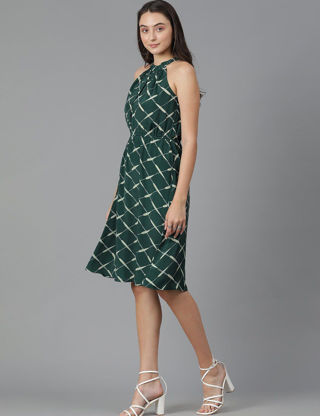 Kotty Geometric Printed High Neck Sleeveless A-Line Dress