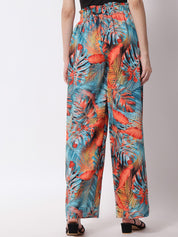 Kotty Women Blue Floral Printed Relaxed Flared High-Rise Easy Wash Pleated Trousers
