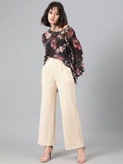 Kotty Women Beige Relaxed Straight Leg Fit High-Rise Easy Wash Pleated Parallel Trousers